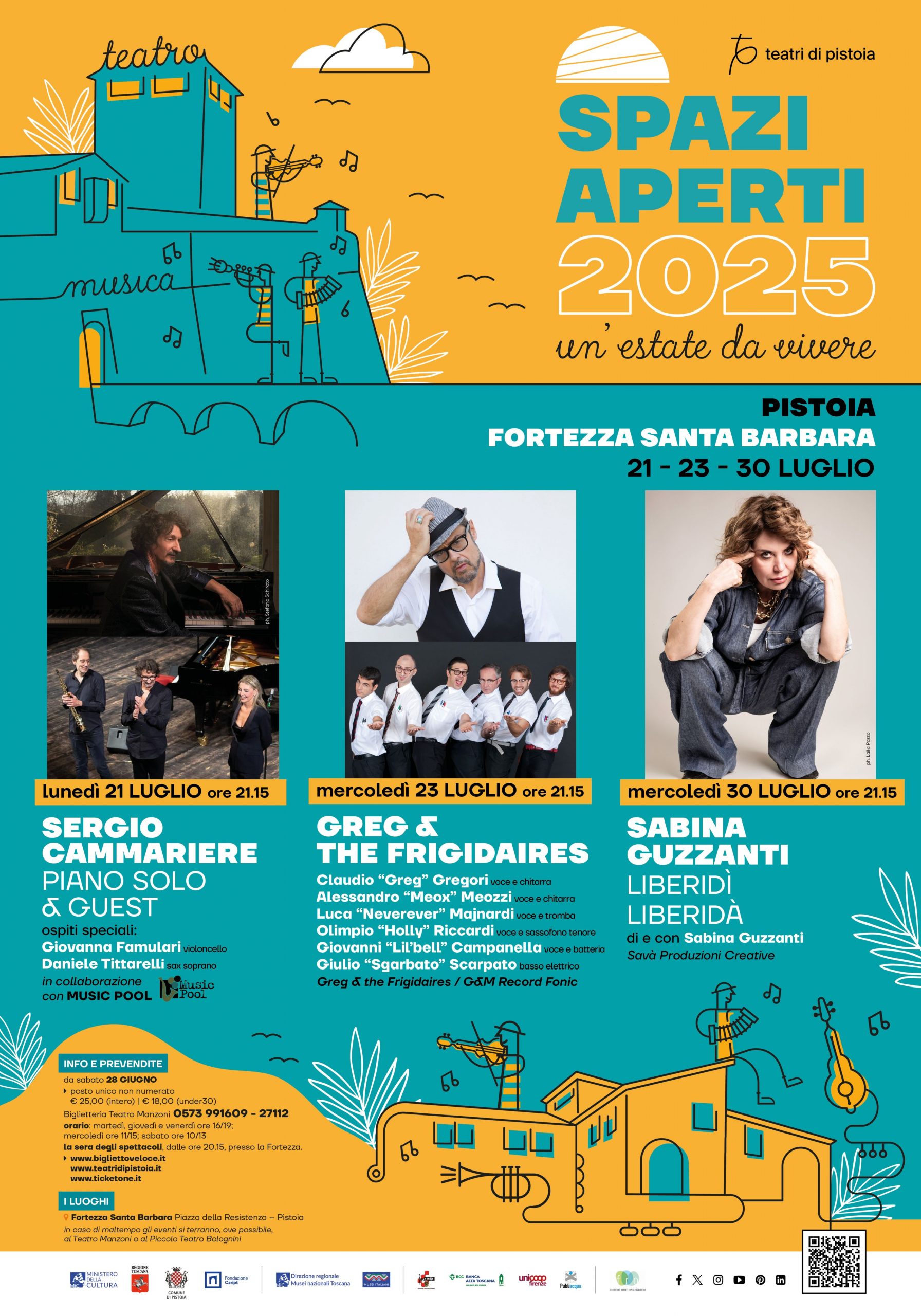 SPAZI APERTI 2025 – Sergio Cammariere, Greg & The Frigidaires e Sabina Guzzanti in scena alla Fortezza di Santa Barbara