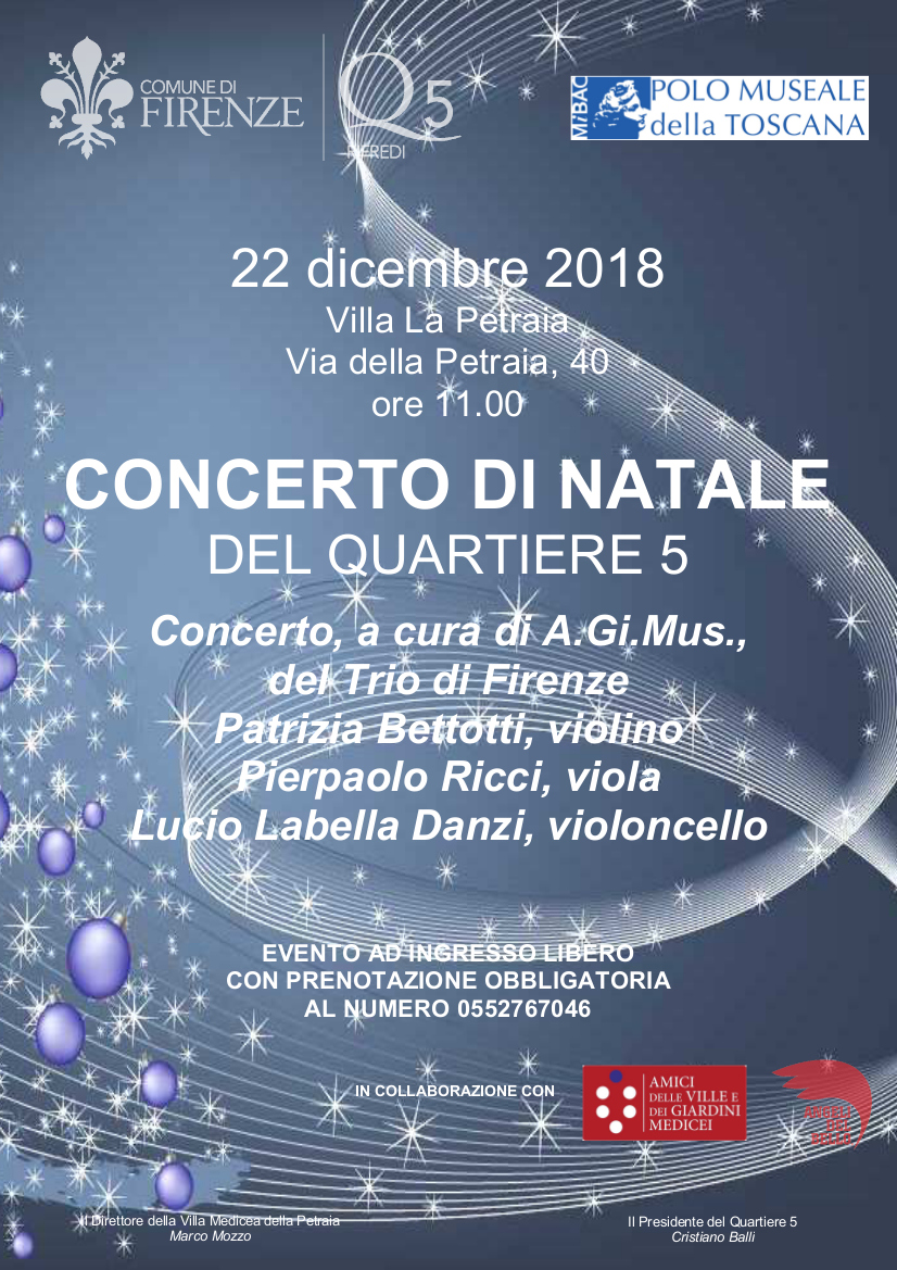 Firenze – Villa medicea della Petraia. Concerto di Natale del Quartiere 5 con Il Trio di Firenze dell’A.Gi.Mus.