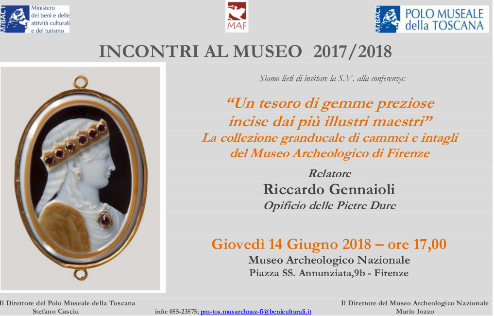 Firenze – MAF Museo Archeologico Nazionale. Incontri al museo 2017-2018 “Un tesoro di gemme preziose incise dai più illustri maestri”