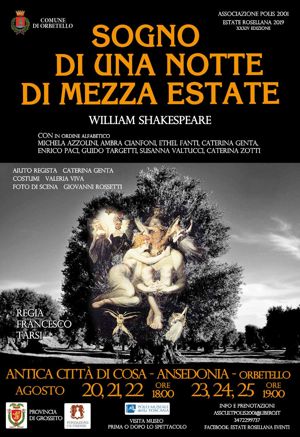 Orbetello (GR) – Museo Archeologico Nazionale e Antica Città di Cosa. Aperture straordinarie serali. Estate a Cosa 2019 “Sogno di una notte di mezza estate”