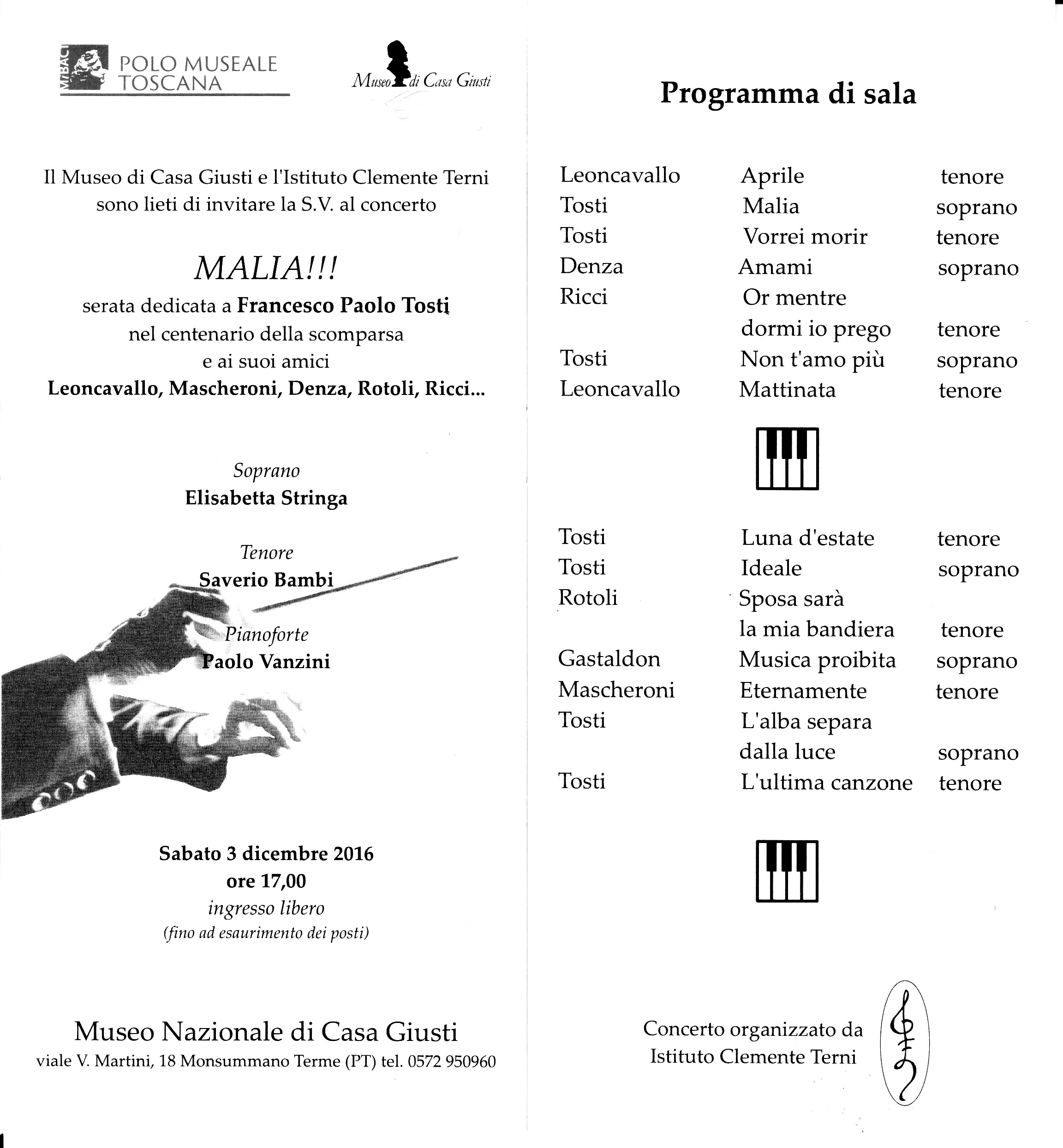 Monsummano Terme (PT), Museo Nazionale di Casa Giusti. MALIA!!! serata dedicata a Francesco Paolo Tosti