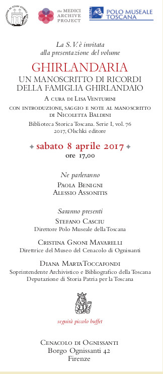 Firenze – Cenacolo di Ognissanti. “GHIRLANDARIA. Un manoscritto di ricordi della famiglia Ghirlandaio”