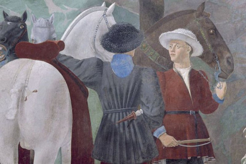 Cappella Bacci, Piero della Francesca, Leggenda della Vera Croce, Adorazione della Croce e incontro tra Salomone la Regina di Saba , particolare, 1453 -59 c.a.