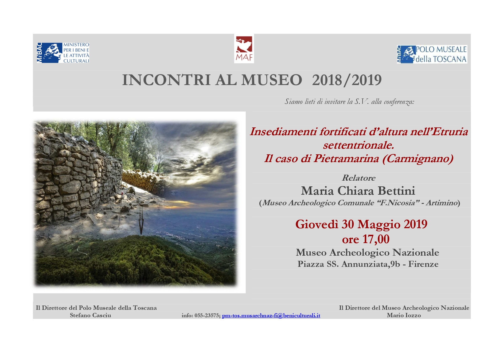 Firenze – MAF Museo Archeologico Nazionale. Incontri al museo 2018 – 2019 Insediamenti fortificati d%u2019altura nell%u2019Etruria settentrionale. Il caso di Pietramarina (Carmignano)”