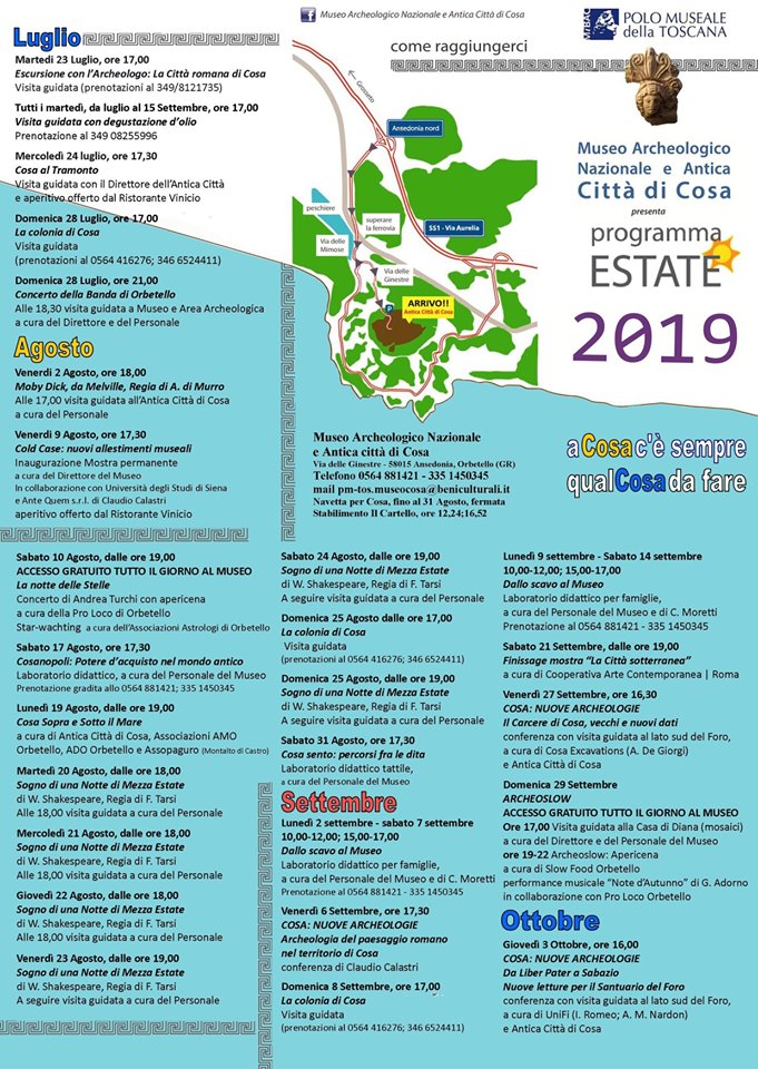 Orbetello (GR) – Museo Archeologico Nazionale e Antica Città di Cosa. “Estate a Cosa 2019” Visite guidate, concerti, spettacoli, laboratori didattici per famiglie.