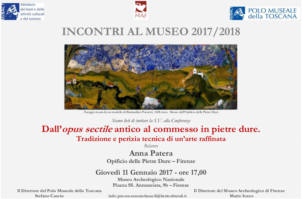 Firenze – MAF Museo Archeologico Nazionale. Incontri al museo 2017/2018 “Dall%u2019opus sectile antico al commesso in pietre dure. Tradizione e perizia tecnica di un%u2019arte raffinata”